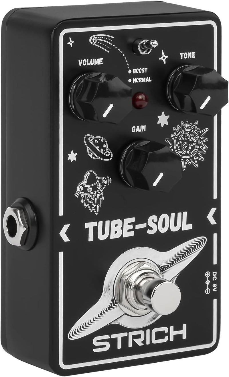 STRICH TUBE SOUL Tube Overdrive Distortion Pedal for Electric Guitar, Compact Mini Single Unit, True Bypass, 3 Control Knobs, Volume, Tone, Gain, Dual Modes, Boost, Normal, 9V DC, Black and White - Image 1
